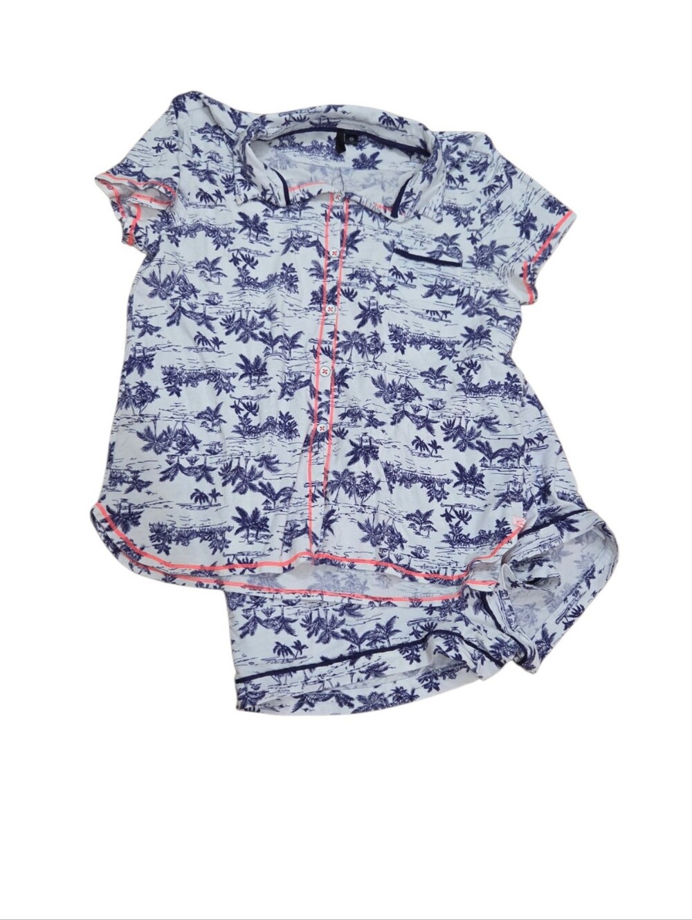 Kensie L Tropical Toile Pajama Set Palm Tree Shirt Shorts Navy Coral Lounge PJs